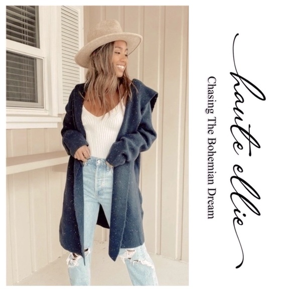 JULES-Speckled Navy Wide Lapel Hooded Coatigan - Picture 6 of 10